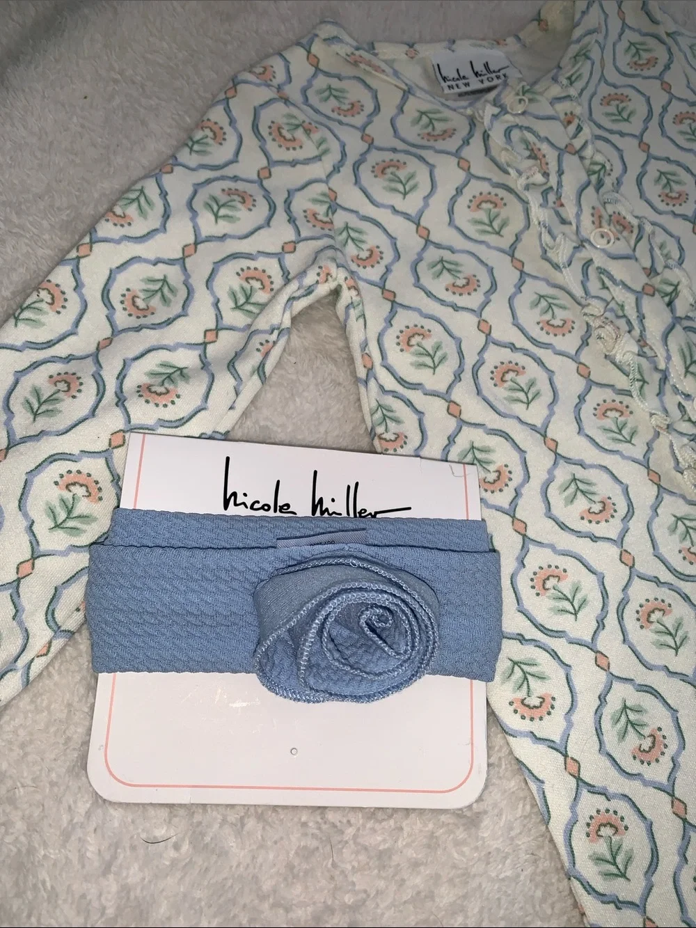 NWT Nicole Miller Cream Floral Footie 6-9M Matching Blue Headband